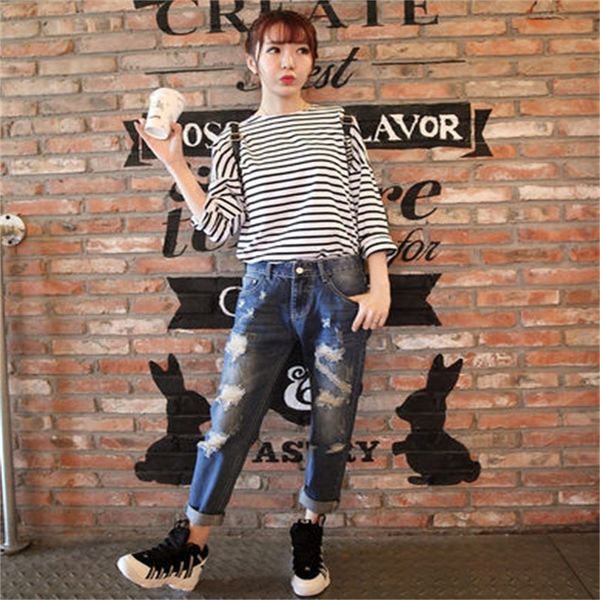 

spring and summer new big korean version of the nine-pants women harlan fashion hole loosen jeans tb18308 ugfx, Blue