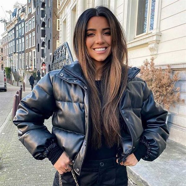 

winter women's jacket thick warm short parka black pu leather coats woman parkas elegant zipper cotton jackets coat female 211014, Black;brown