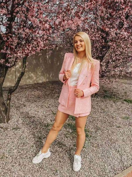 

casual dresses slmd stylish chic pink short suits women 2021 fashion double breasted pockets blazers side zipper asymmetrical shor, Black;gray