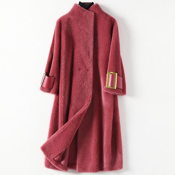 

women's fur & faux pure color sheep shearing long coat women female fashion button wool loose jacket warm plush lamb overcoat, Black