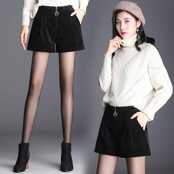 

women's shorts 2021 spring korean female gold velvet casual women loose elastic high waist straight a word wide leg short femme, White;black