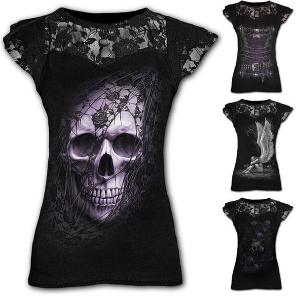 Gömlek Kadın Yaz Moda Gotik Tarzı Kısa Kollu Yuvarlak Boyun Kafatası Dantel Tops Artı Boyutu Çok Renkli Kadın Gömlek Kazaklar 210306