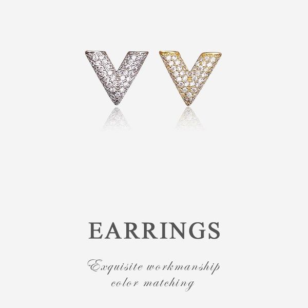 

stud 2021 rhinestone geometric earrings fashion cubic zircon cute v shape women's jewelry, Golden;silver