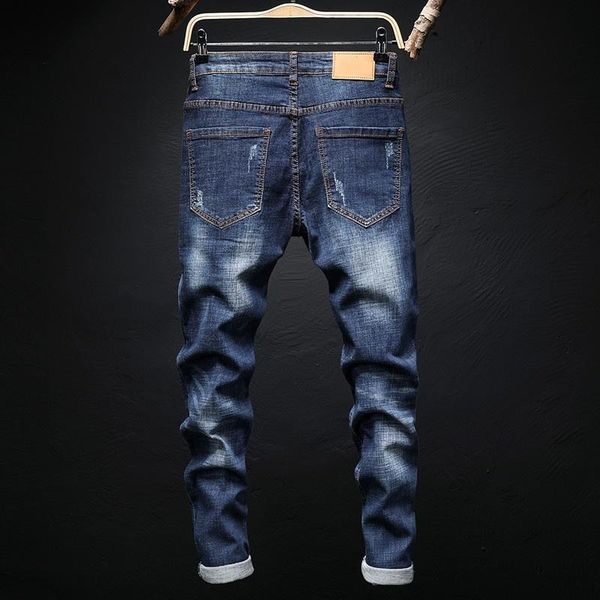 

men's jeans design men straight stretch fashions embroidery animal ripped slim fit pants hip hop vintage denim trousers, Blue