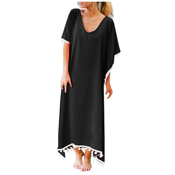 

women summer dress ladies fashion beach solid pom pom trim loose long swimwear cover up cardigan tassel dress plus size s-5xl, Black;gray