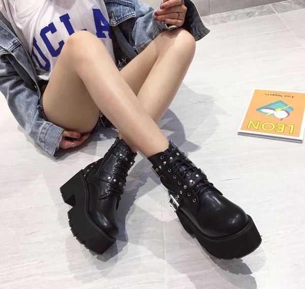 

boots women ankle fashion women's punk rome footwear rivet shoes woman buckle strap ladies chunky heels female yma940, Black
