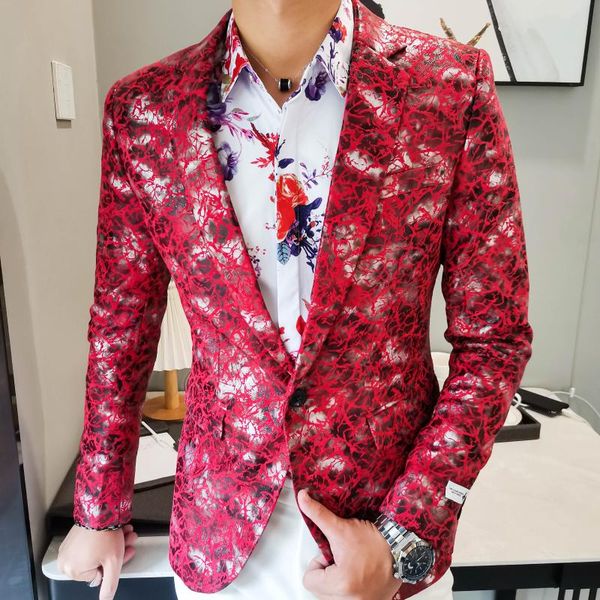 

men's suits & blazers fashion blazer men red printing jacket streetwear slim fit night club prom tuxedo formal wear smoking, White;black