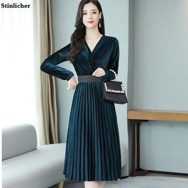 

casual dresses pleated gold velvet dress women autumn winter v-neck elastic waist long party ladies fashion midi vestidos, Black;gray