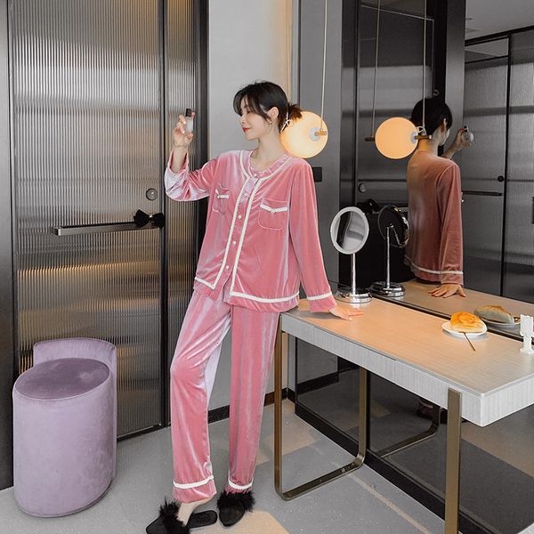 

autumn winter warm sleepwear soft velvet pajamas fashion elegant plush homewear womens solid color nightwear, Black;red
