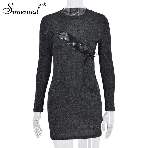 

shiny glitter lace up night club mini dresses long sleeve for women hollow out bandage party bodycon dress new, White;black