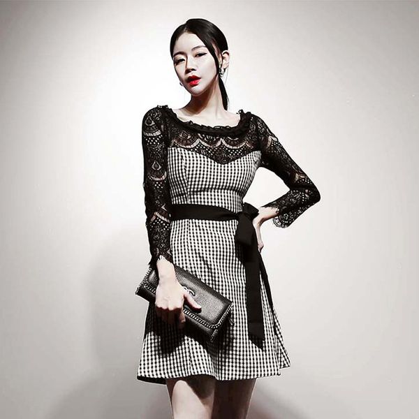 

new arrival lace perspective plaid formal temperamental work style spring autumn basic mini a-line dress egg3, White;black