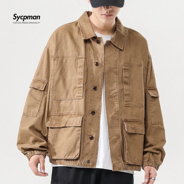 

men's jackets khaki work jacket men coat simple black single layer outside wear spring and autumn thin multi pocket loose, Black;brown