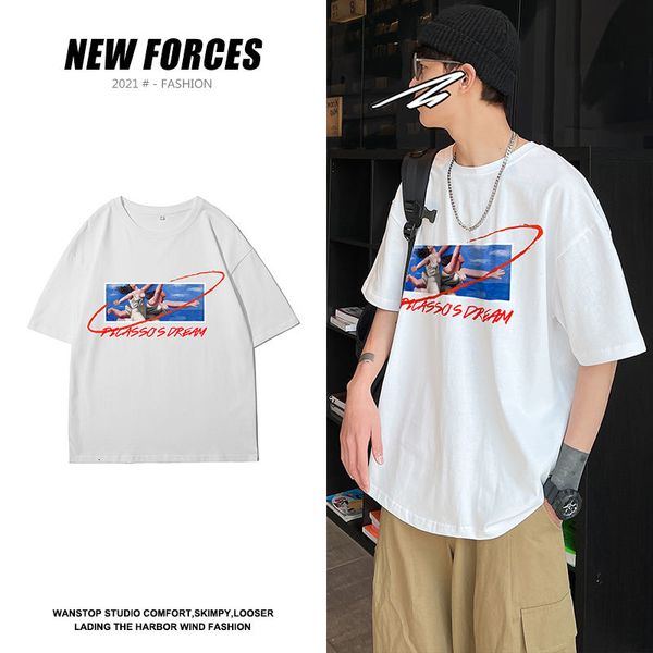 

dream print men t-shirt short sleeve loose casual hip hop male cotton american vintage streetwear, White;black