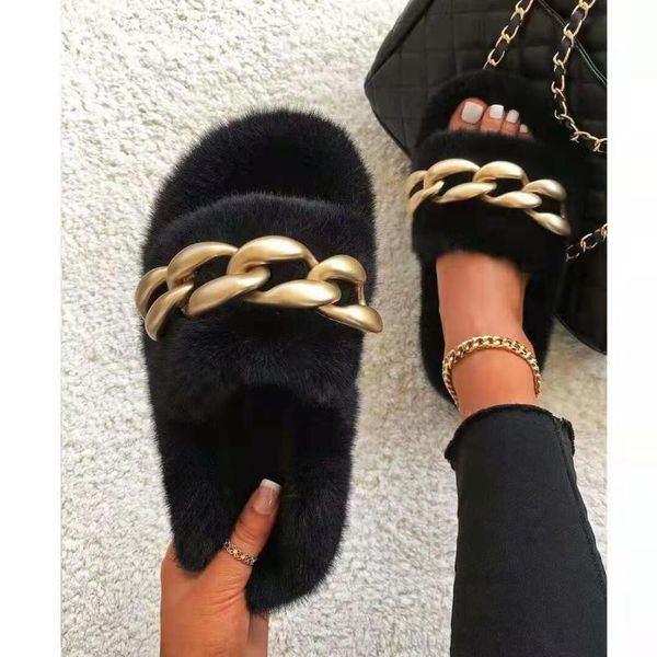 

slippers 2021 europe and the united states round head thick bottom flat-heeled hairy female large size metal chain cotton sl, Black