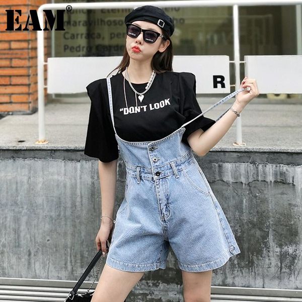 

women's shorts [eam] women blue denim strap casual wide leg high waist loose fit trousers fashion tide spring summer 2021 1dd9674, White;black