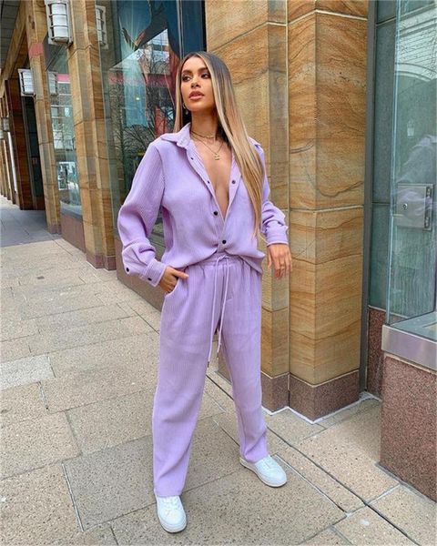 

women's two piece pants fashion streetwear pink suits long sleeve button up shirt+full set casual women matching outfits, White