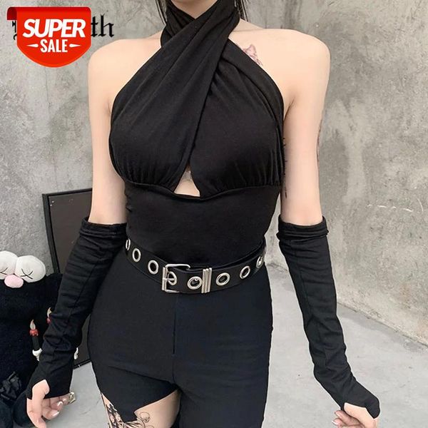 

insgoth backless camis goth bodycon cross halter camis vintage aesthetic with glove sleeve cropped women clubwear #x83z, White