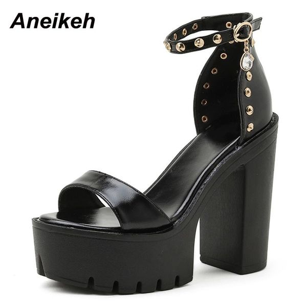 

sandals aneikeh summer women shoes highÂ heels pu rivet metal decoratio patchwork round toe black 2021 fashion punk size34-40