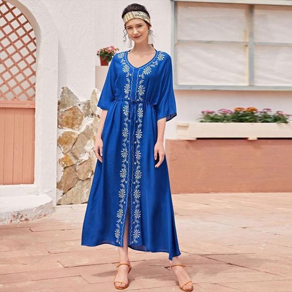 

blue bohemian embroidered half women dress sleeve summer beach tunic beachwear midi robe de plage sarong n925, Black;gray