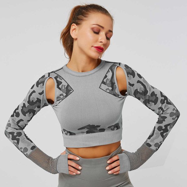 

camouflage seamls tight long sleeve fitns cloth women's yoga top, Gray