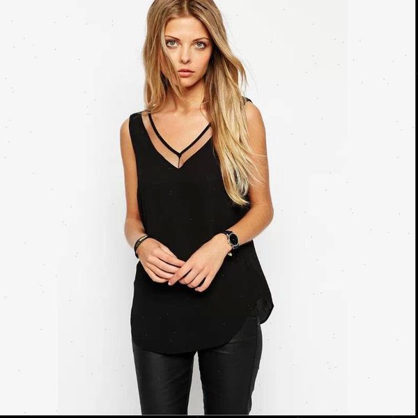 

women summer v neck chiffon vest sleeveless casual tank blusas sheer mesh patchwork t shirt bottom camisole haut femme, White