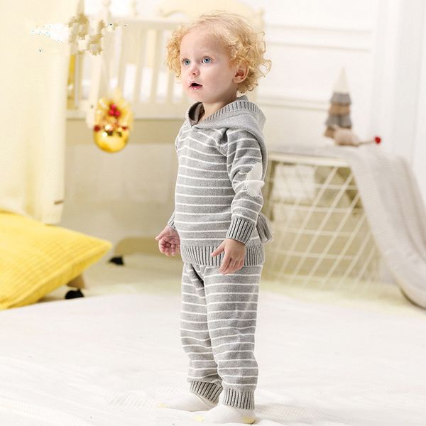 

2021 new knitting autumn winter newborn infant boys girls suit hoodie set jumper sweatshirt+pants cotton baby knitwear cs7c, White