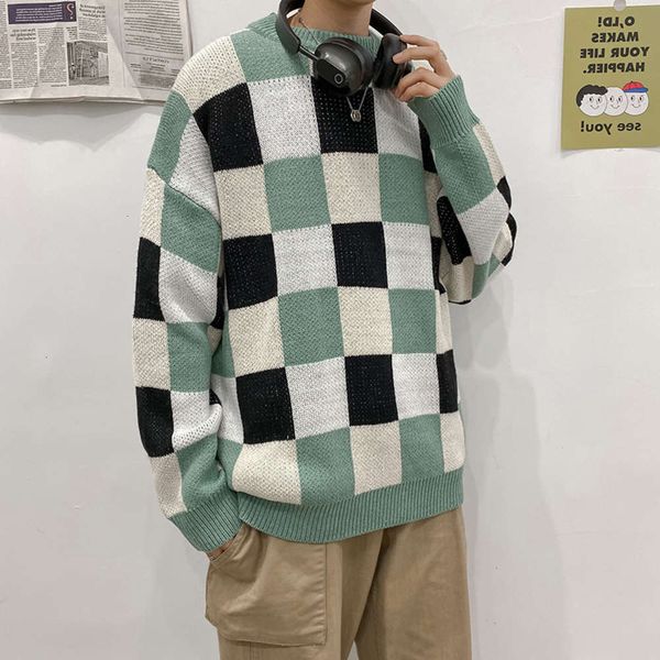 

2021men's thick winter korean fashion plaid sweater coat loose lazy style cec, White;black