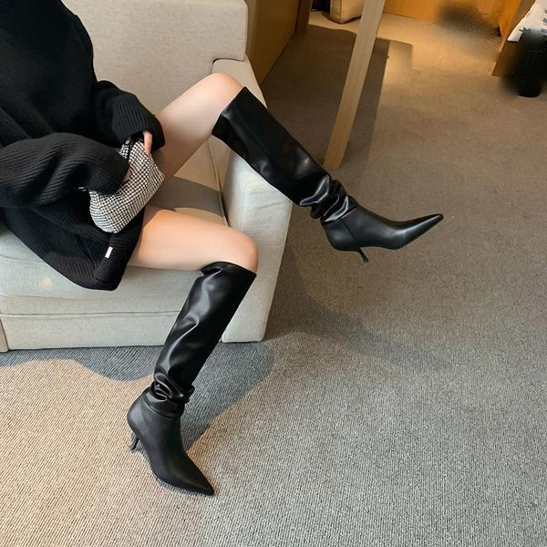 

boots pigskin high same knee autumn 2021 leather heel, Black