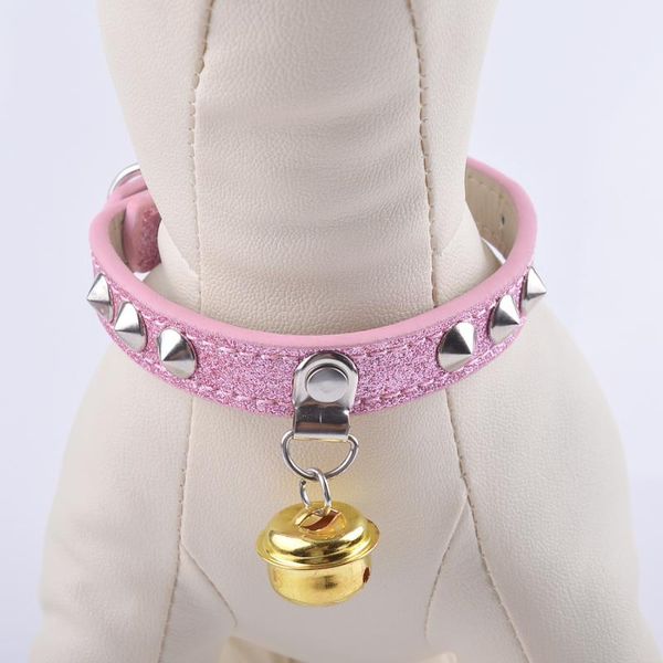 

glitter pu leather dog collar with gold bell spiked studded collars for small dogs puppy pet neck strap 5colors