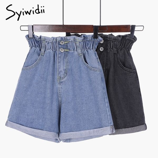 

elastic waist shorts women short feminino denim ladie black high waist shorts plus size 5xl ruffles button solid summer new 210317, White;black
