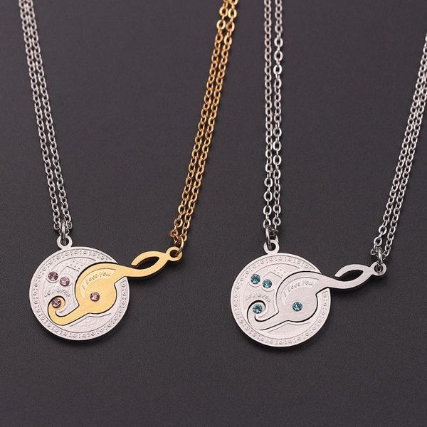 

pendant necklaces 2pcs /set romantic music lover pendants couples stainless steel link chain pink blue crystal necklace jewelry, Silver