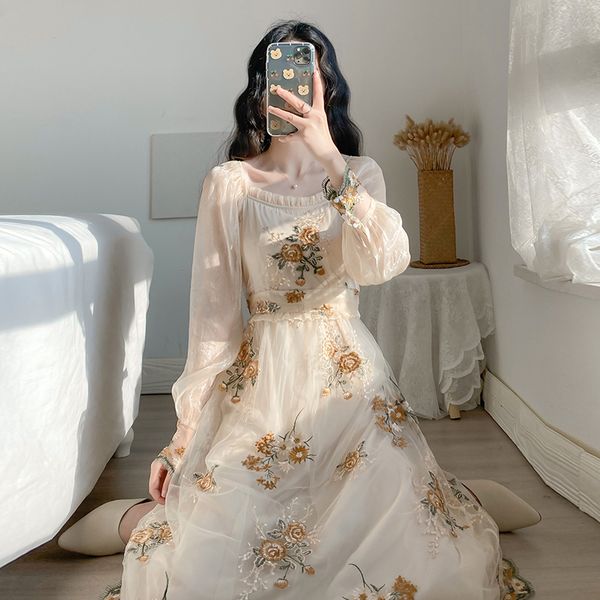 

dressed 2021 spring/summer new vintage french court embroidered lace dress median length courthouse crocheted as faerie fairy 1vvq, Black;gray
