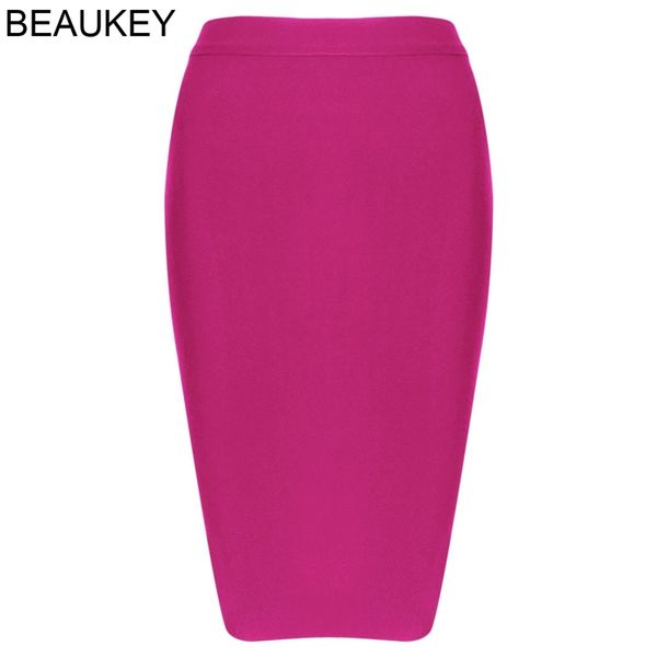 

beaukey fuchsia new women bandage skirt solid wear to work skirt for lady fashion knee length bodycon skirt plus size xl 210309, Black