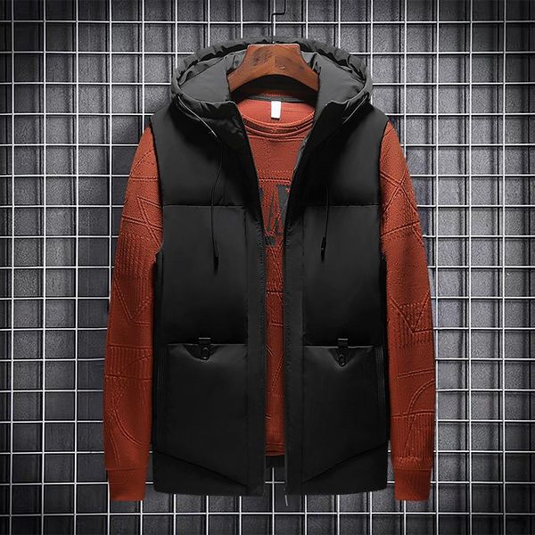 

men's vests fashion vest spring sleeveless jacket warm hooded mens work waistcoat male winter light plus size 7xl brand, Black;white