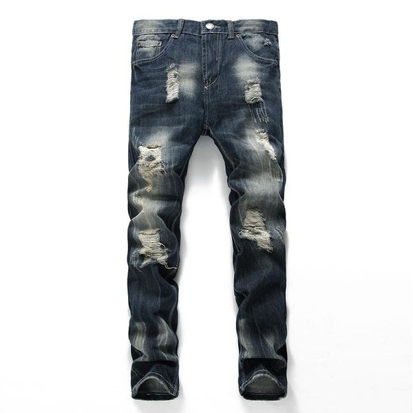 

men's jeans straight dark blue printed ripped stretch fashion designer