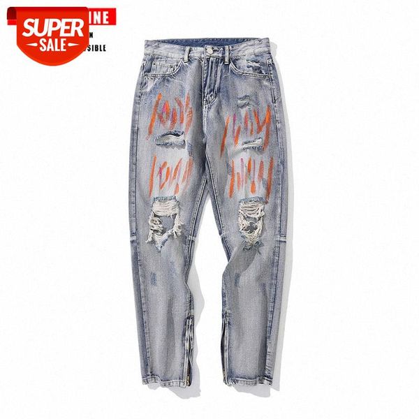 

tkpa ripped jeans men's hip-hop slim-fit feet graffiti long pants #ao1k, Blue