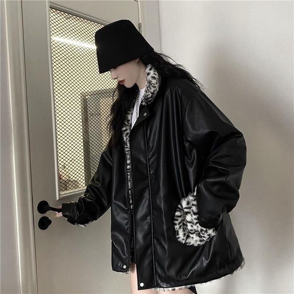 

women's jackets winter coats on both sides harajuku leopard-print lamb fur integrates high street fashion trend warm loose leather clot, Black;brown