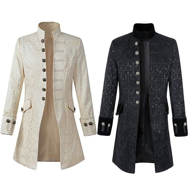 

2021 new british style man medieval cosplay costumes stand collar jacquard trench middle ages carnival knight jacket coat autumn 88g0, Black