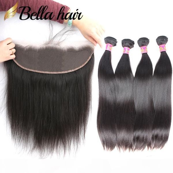 

unprocess virgin human hair wefts with lace frontal 13x4" straight hair weaves double weft hair extensions closure 5pcs lot bellahair, Black;brown