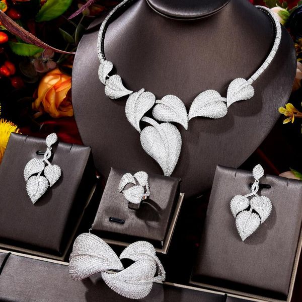 

earrings & necklace godki luxury geometric leaf flower women wedding cubic zirconia statement choker drop dubai jewelry sets, Silver