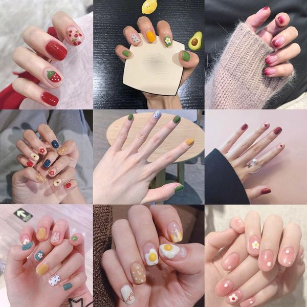 

false nails 24pcs/box summer cherry round head detachable wearable fake full cover artificial nail tips manicure tools, Red;gold