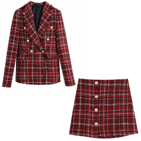 

two piece dress zamtsea 2021 autumn women red plaid tweed blazer suits with skirt female office suit long sleeve double breasted elegant jac, White