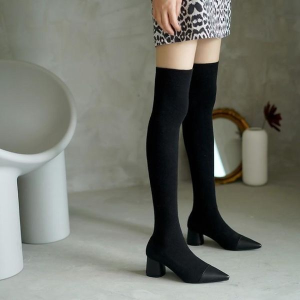 

boots leather large medium heel women's knee socks pointed thin knight thick elastic, Black