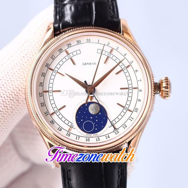 TWF Cellini Aerolite Moon Fase 50535 Cal A3195 Mens Automático Assista White Dial M50535-0002 Rose Gold Case Black Leather Strap 39mm Watches TimeZoneWatch 406b (1)