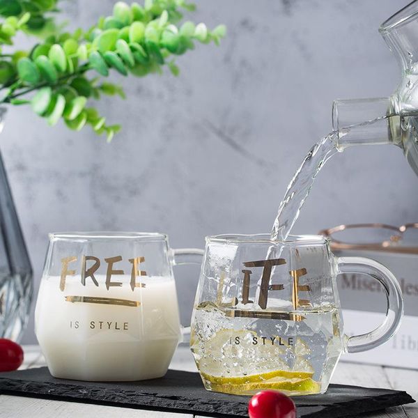

wine glasses 400ml simple water cup golden diamond household high borosilicate glass ins wind coffee milk