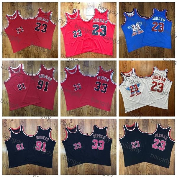 

mitchell&ness mens 33 scottie pippen 91 dennis rodman all-star dense au fabric mesh embroidery logos stitched stock shirt basketball jerseys, Black;red