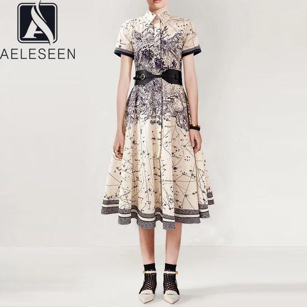 

aeleseen runway fashion 100% cotton shirt dress 2021 spring summer short sleeve flower letters print belt midi elegant dress, White;black