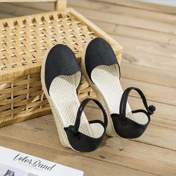 

dress shoes fashion women's patchwork handmade plain sandals female wedge heels platform 6cm pumps ladies summer ankle straps, Black