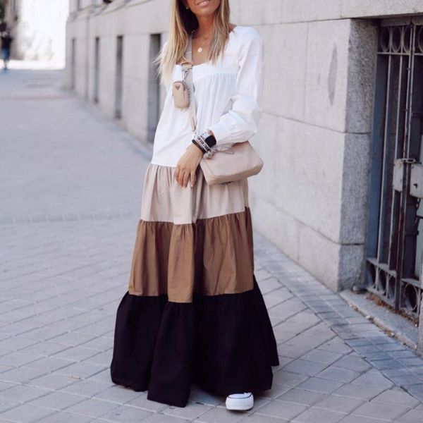 

casual dresses spring fall long sleeve square collar color blocking pleated dress lady loose ladies vestidos maxi cake, Black;gray