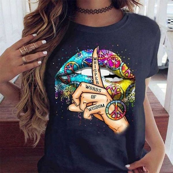 2020 Lippen Aquarell Grafik T-shirt Lippe Frauen Tops Shirt Basis Oansatz Sexy Schwarz T-shirts Kuss Lippe Lustige Flüstern Worte Mädchen T-shirt X0628